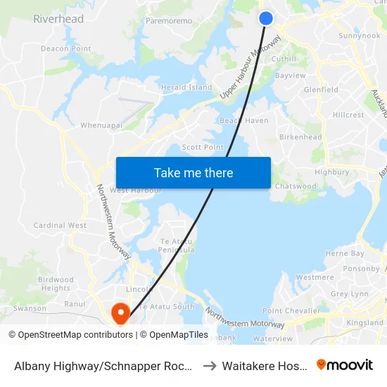 Albany Highway/Schnapper Rock Road to Waitakere Hospital map