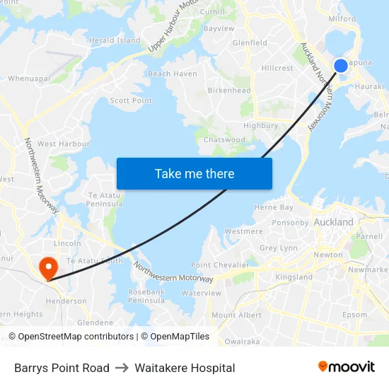Barrys Point Road to Waitakere Hospital map
