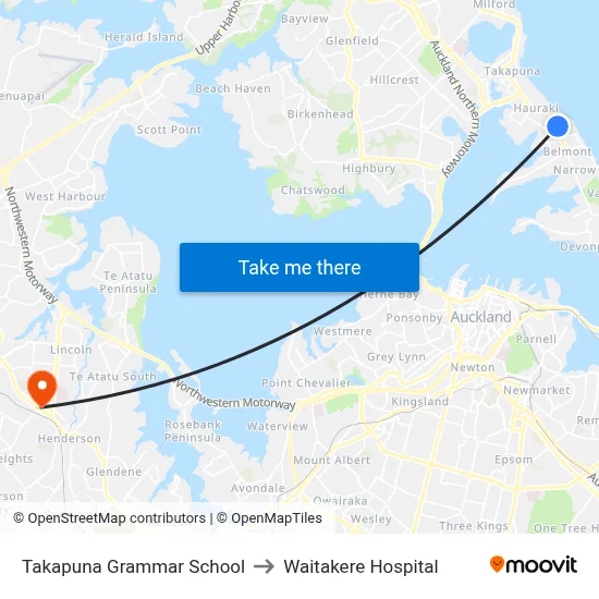 Takapuna Grammar School to Waitakere Hospital map
