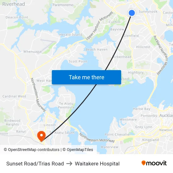 Sunset Road/Trias Road to Waitakere Hospital map
