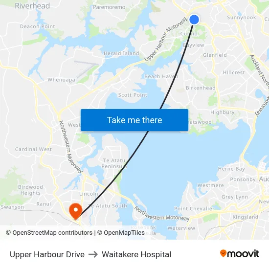 Upper Harbour Drive to Waitakere Hospital map