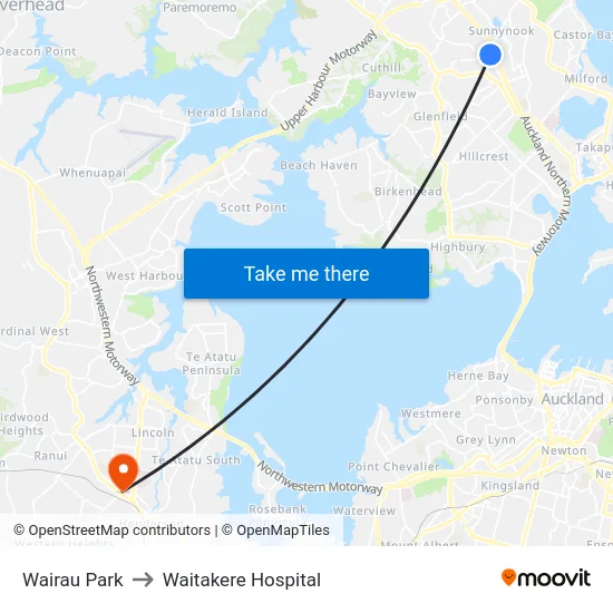 Wairau Park to Waitakere Hospital map