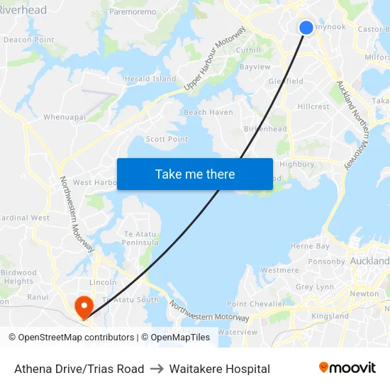 Athena Drive/Trias Road to Waitakere Hospital map