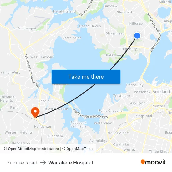 Pupuke Road to Waitakere Hospital map