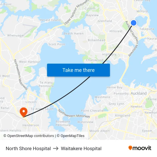 North Shore Hospital to Waitakere Hospital map