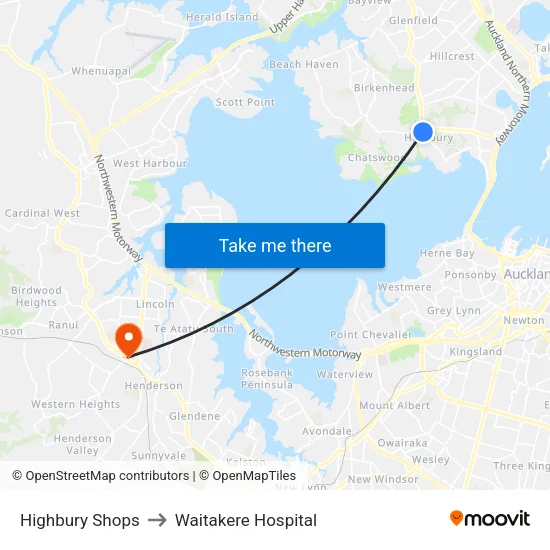 Highbury Shops to Waitakere Hospital map