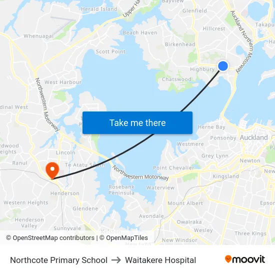 Northcote Primary School to Waitakere Hospital map