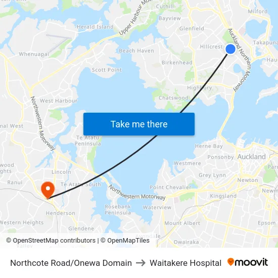 Northcote Road/Onewa Domain to Waitakere Hospital map