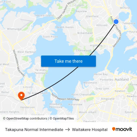 Takapuna Normal Intermediate to Waitakere Hospital map