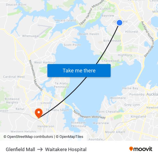 Glenfield Mall to Waitakere Hospital map