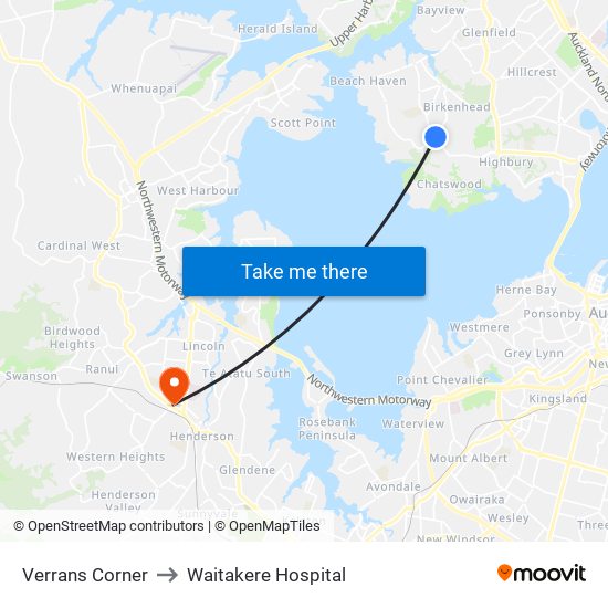 Verrans Corner to Waitakere Hospital map