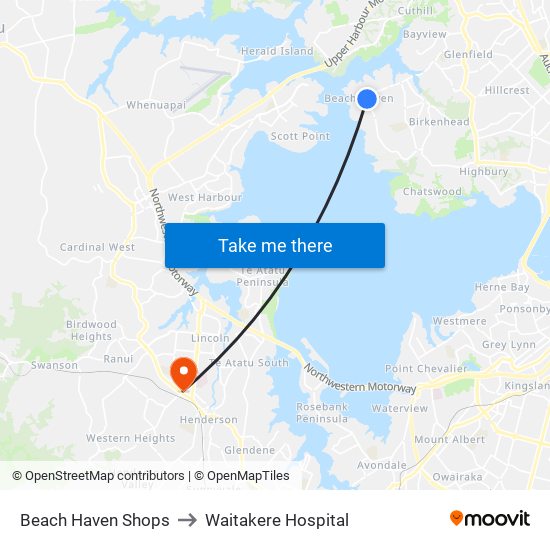 Beach Haven Shops to Waitakere Hospital map