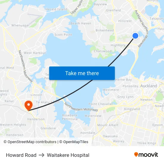 Howard Road to Waitakere Hospital map