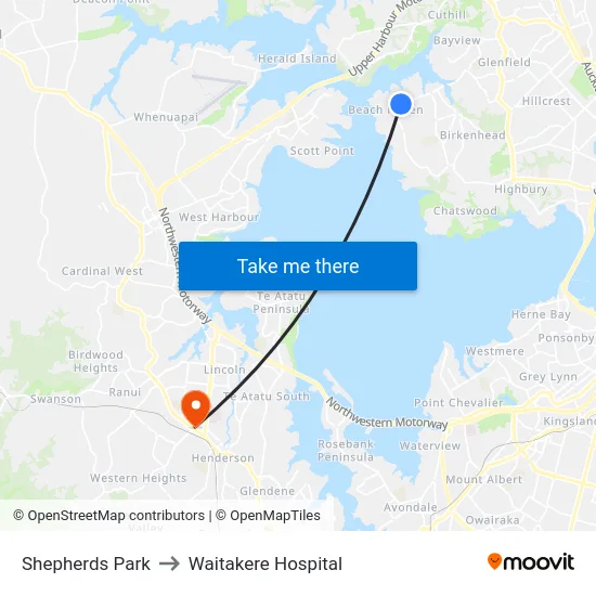 Shepherds Park to Waitakere Hospital map