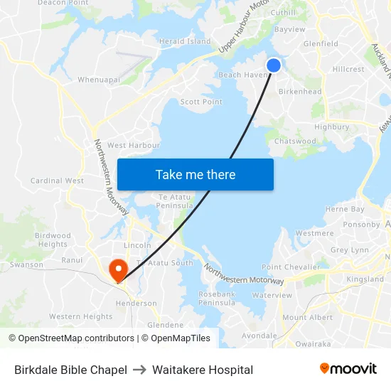 Birkdale Bible Chapel to Waitakere Hospital map