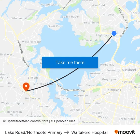 Lake Road/Northcote Primary to Waitakere Hospital map