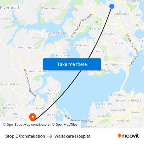 Stop E Constellation to Waitakere Hospital map