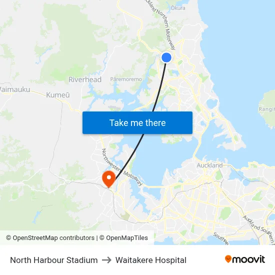 North Harbour Stadium to Waitakere Hospital map