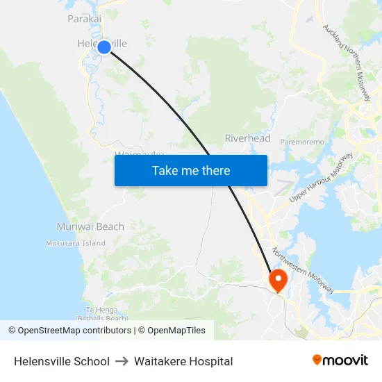 Helensville School to Waitakere Hospital map