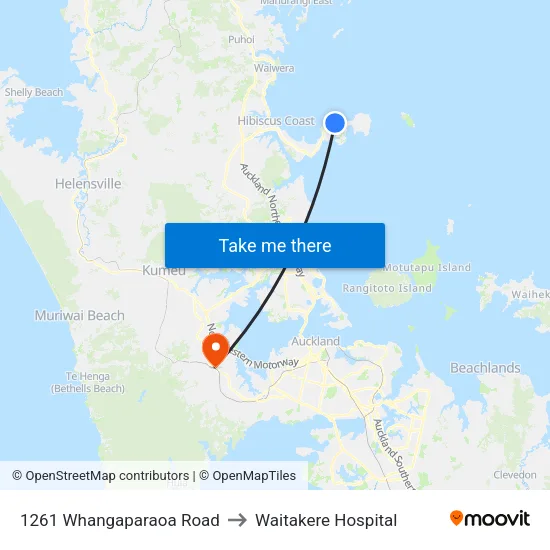 1261 Whangaparaoa Road to Waitakere Hospital map