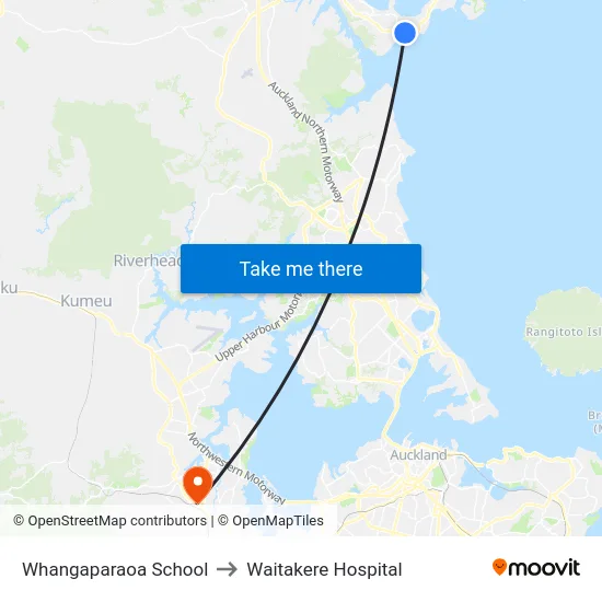 Whangaparaoa School to Waitakere Hospital map
