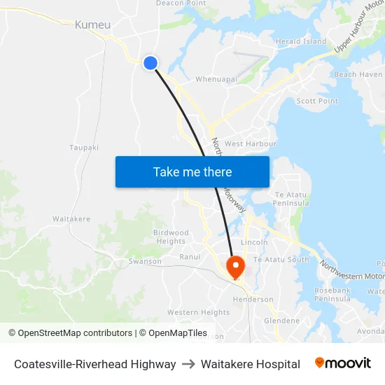 Coatesville-Riverhead Highway to Waitakere Hospital map