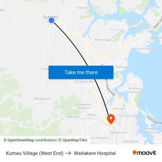 Kumeu Village (West End) to Waitakere Hospital map