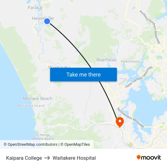 Kaipara College to Waitakere Hospital map