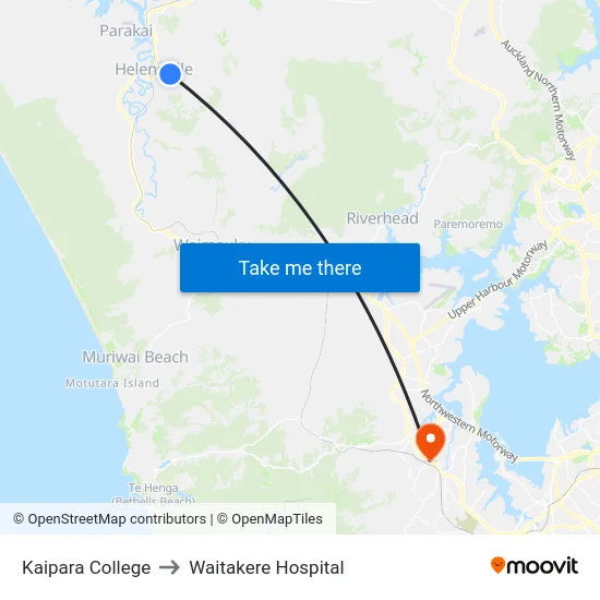 Kaipara College to Waitakere Hospital map