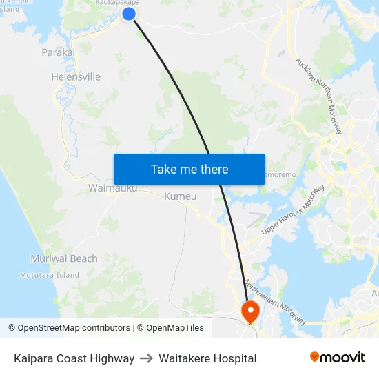 Kaipara Coast Highway to Waitakere Hospital map