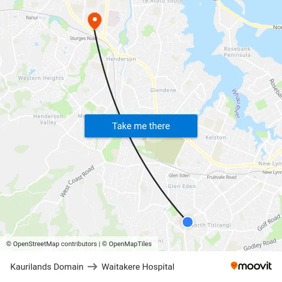 Kaurilands Domain to Waitakere Hospital map