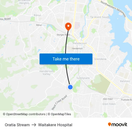 Oratia Stream to Waitakere Hospital map