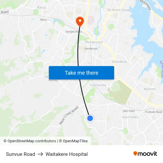 Sunvue Road to Waitakere Hospital map