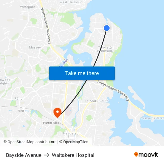 Bayside Avenue to Waitakere Hospital map