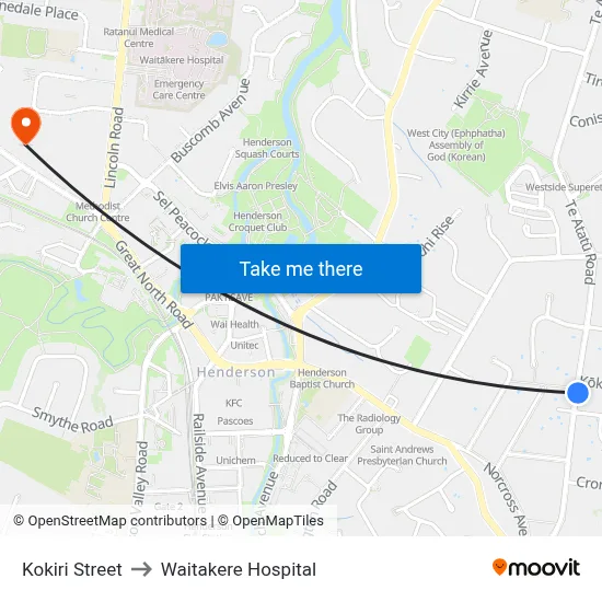 Kokiri Street to Waitakere Hospital map