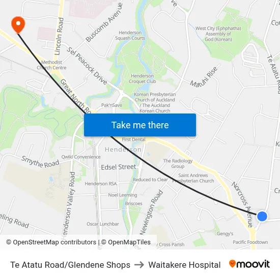 Te Atatu Road/Glendene Shops to Waitakere Hospital map
