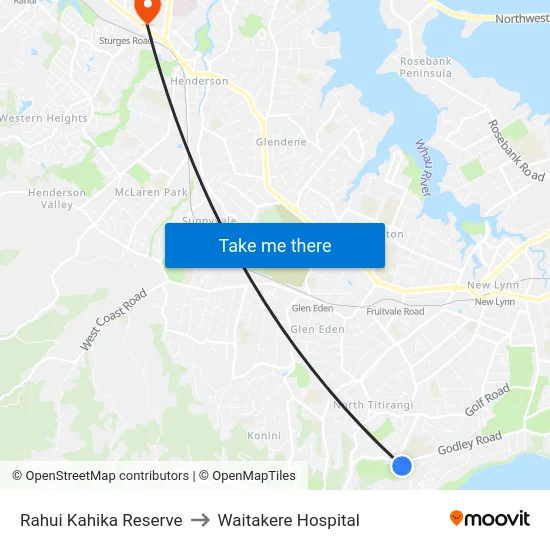 Rahui Kahika Reserve to Waitakere Hospital map