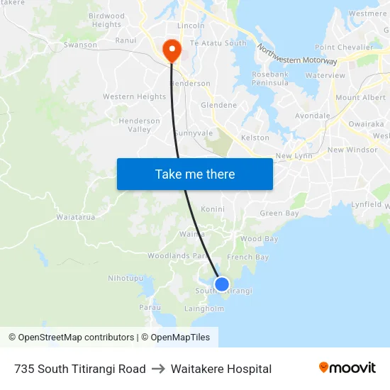 735 South Titirangi Road to Waitakere Hospital map