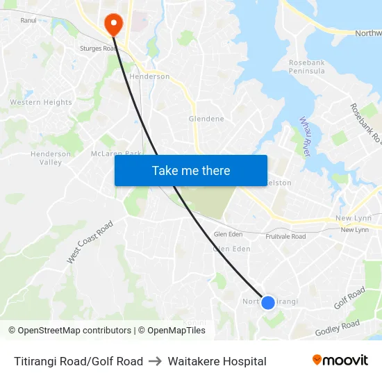 Titirangi Road/Golf Road to Waitakere Hospital map