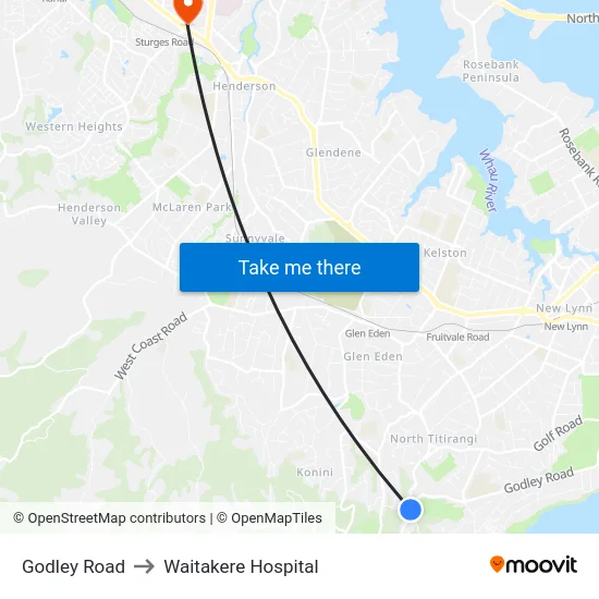 Godley Road to Waitakere Hospital map