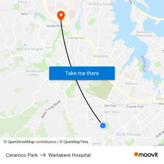 Ceramco Park to Waitakere Hospital map