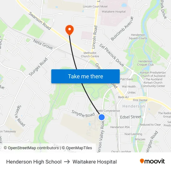 Henderson High School to Waitakere Hospital map