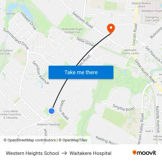 Western Heights School to Waitakere Hospital map