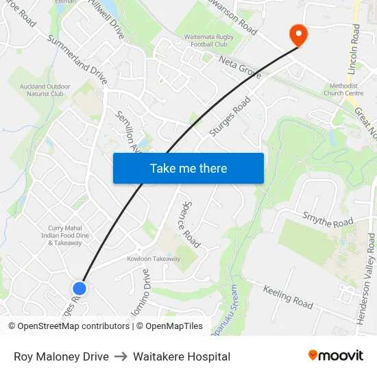 Roy Maloney Drive to Waitakere Hospital map