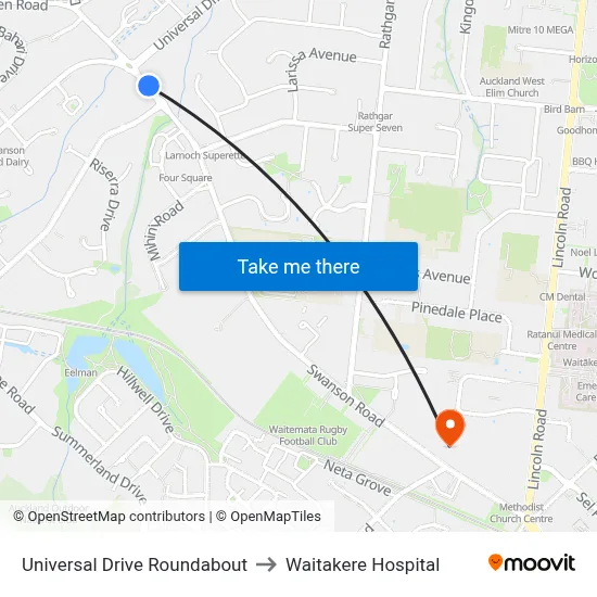 Universal Drive Roundabout to Waitakere Hospital map