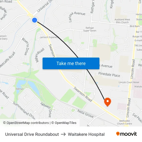 Universal Drive Roundabout to Waitakere Hospital map