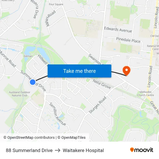 88 Summerland Drive to Waitakere Hospital map