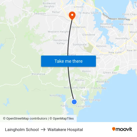 Laingholm School to Waitakere Hospital map