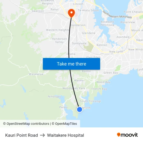 Kauri Point Road to Waitakere Hospital map