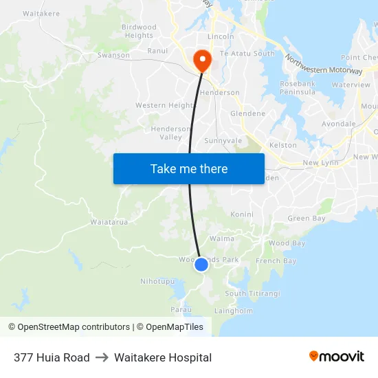 377 Huia Road to Waitakere Hospital map